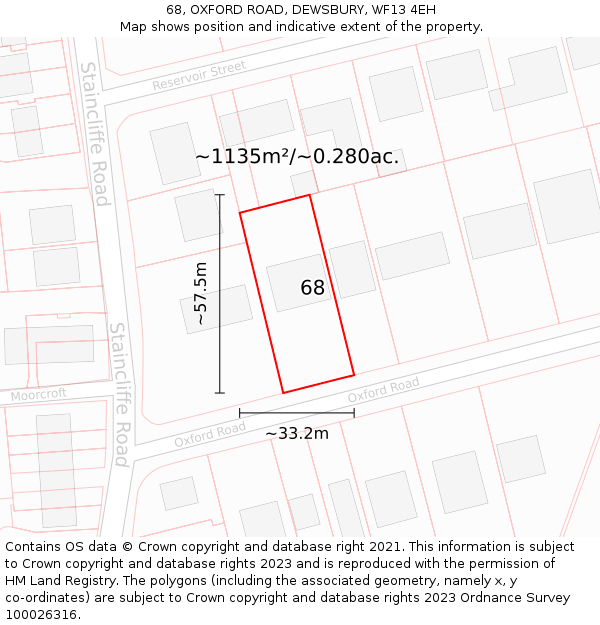 68, OXFORD ROAD, DEWSBURY, WF13 4EH: Plot and title map