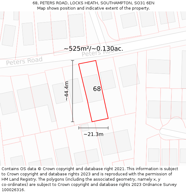 68, PETERS ROAD, LOCKS HEATH, SOUTHAMPTON, SO31 6EN: Plot and title map