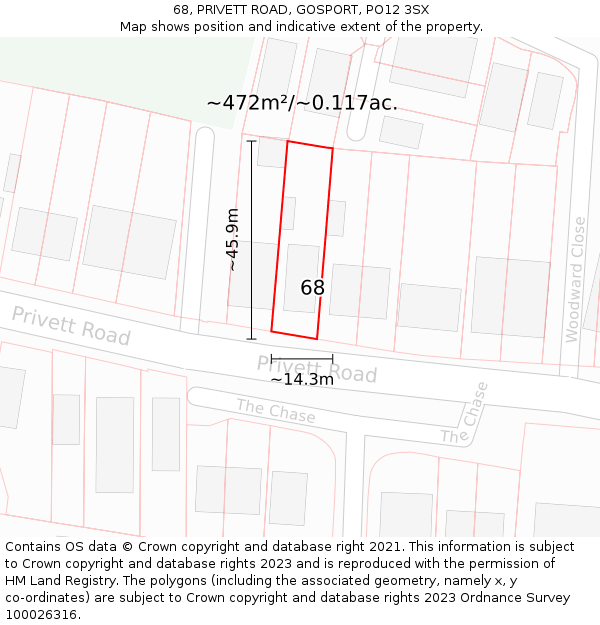 68, PRIVETT ROAD, GOSPORT, PO12 3SX: Plot and title map