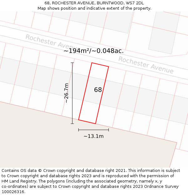 68, ROCHESTER AVENUE, BURNTWOOD, WS7 2DL: Plot and title map