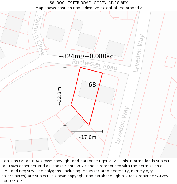 68, ROCHESTER ROAD, CORBY, NN18 8PX: Plot and title map
