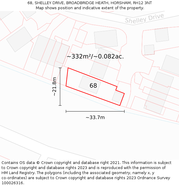 68, SHELLEY DRIVE, BROADBRIDGE HEATH, HORSHAM, RH12 3NT: Plot and title map