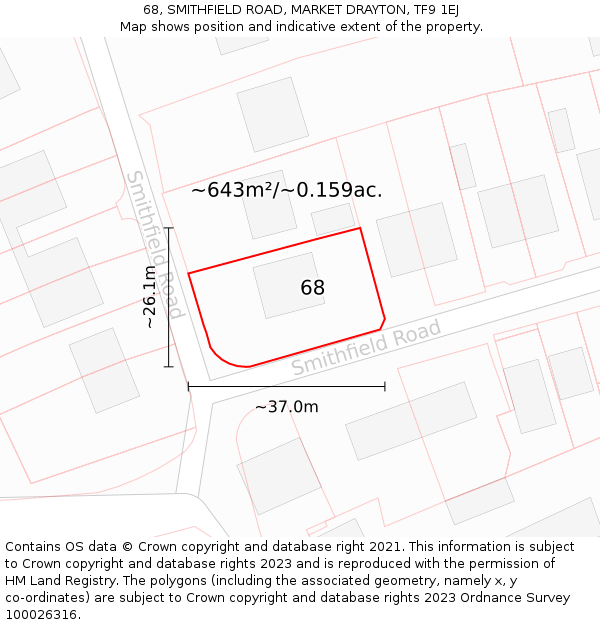 68, SMITHFIELD ROAD, MARKET DRAYTON, TF9 1EJ: Plot and title map