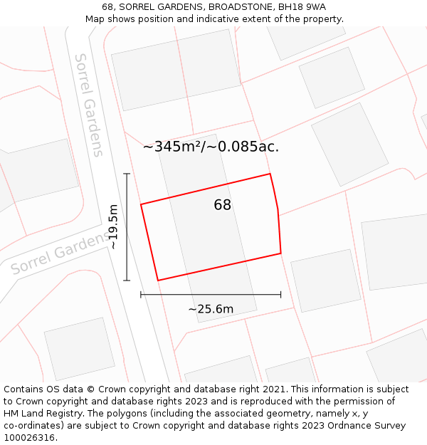 68, SORREL GARDENS, BROADSTONE, BH18 9WA: Plot and title map