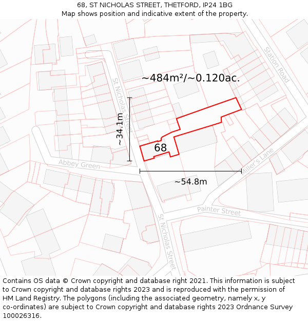 68, ST NICHOLAS STREET, THETFORD, IP24 1BG: Plot and title map