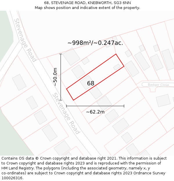 68, STEVENAGE ROAD, KNEBWORTH, SG3 6NN: Plot and title map