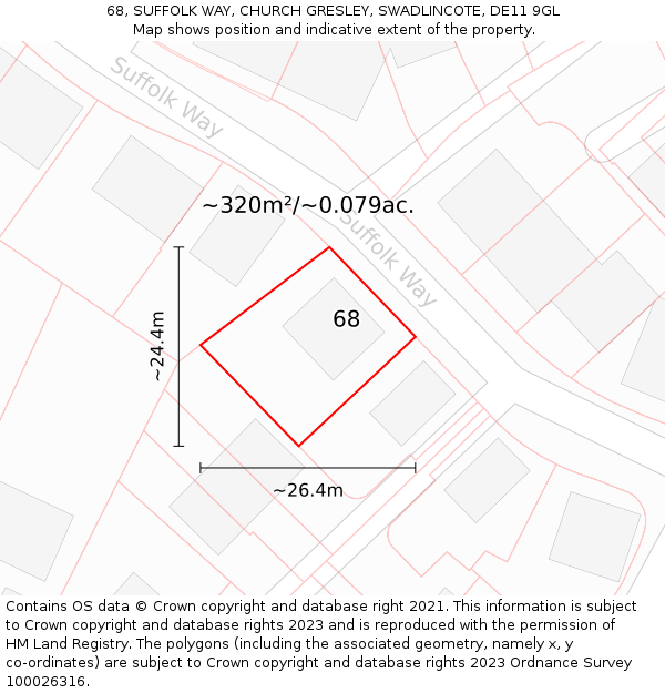 68, SUFFOLK WAY, CHURCH GRESLEY, SWADLINCOTE, DE11 9GL: Plot and title map