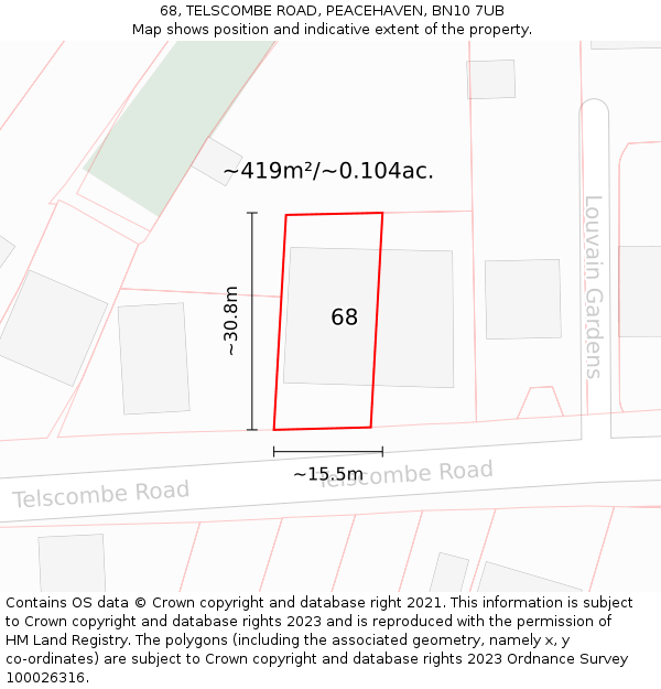 68, TELSCOMBE ROAD, PEACEHAVEN, BN10 7UB: Plot and title map