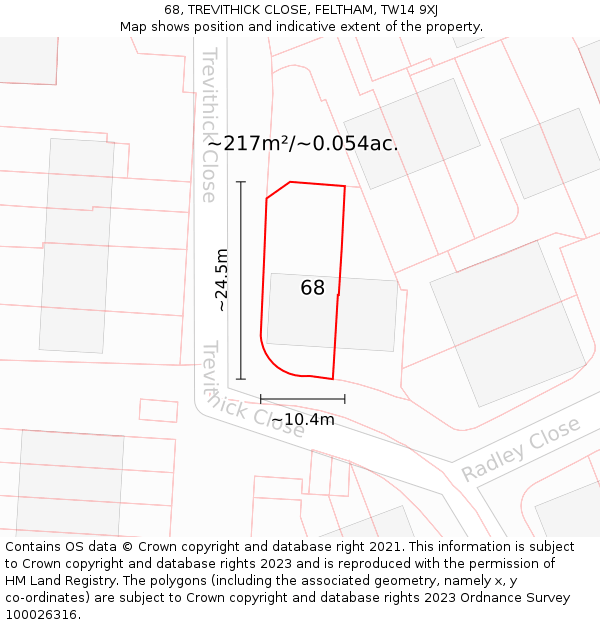 68, TREVITHICK CLOSE, FELTHAM, TW14 9XJ: Plot and title map