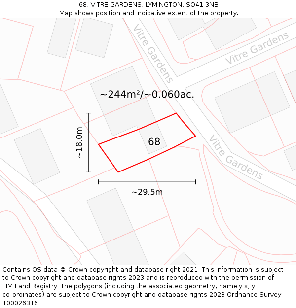 68, VITRE GARDENS, LYMINGTON, SO41 3NB: Plot and title map