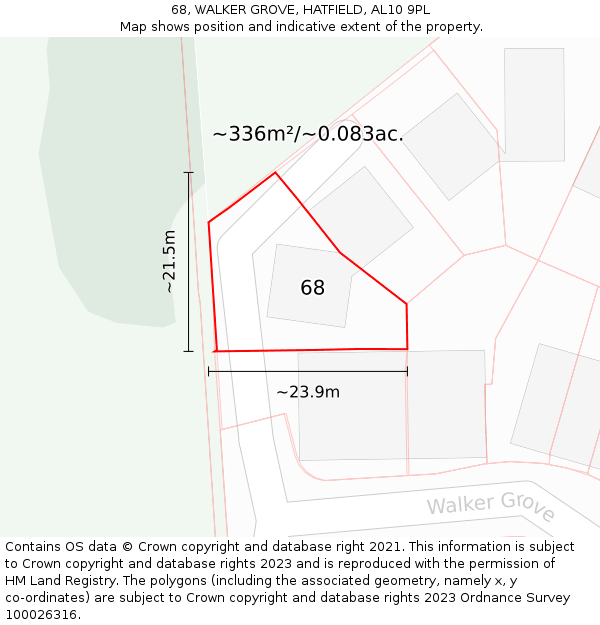 68, WALKER GROVE, HATFIELD, AL10 9PL: Plot and title map