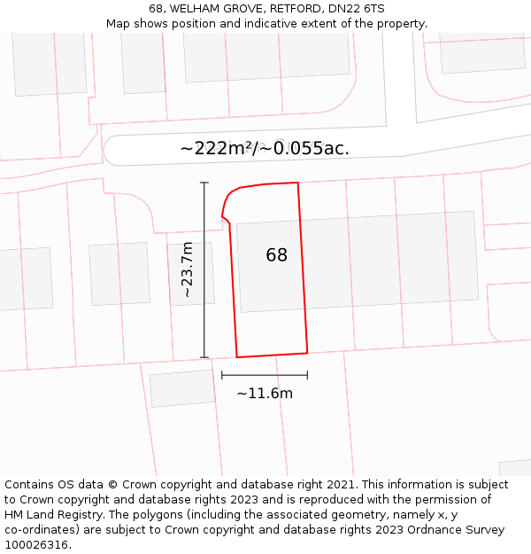 68, WELHAM GROVE, RETFORD, DN22 6TS: Plot and title map