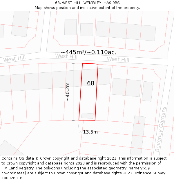 68, WEST HILL, WEMBLEY, HA9 9RS: Plot and title map