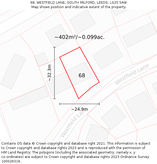 68, WESTFIELD LANE, SOUTH MILFORD, LEEDS, LS25 5AW: Plot and title map