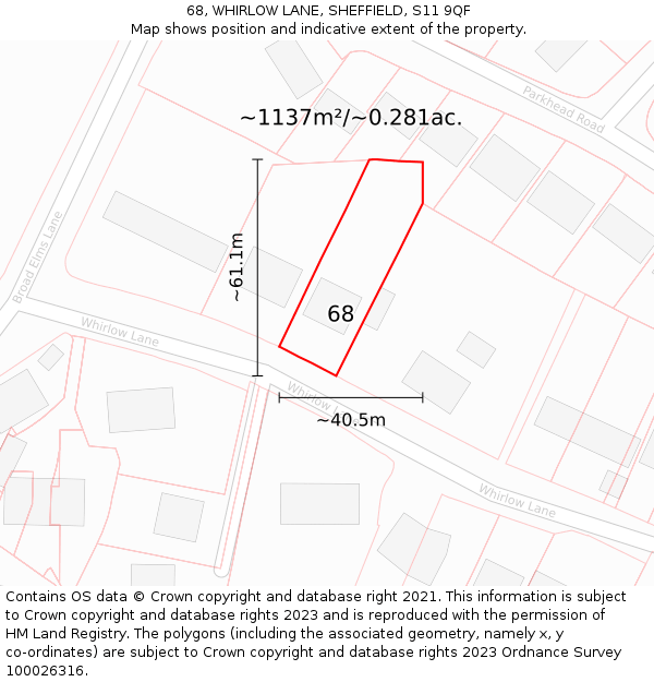 68, WHIRLOW LANE, SHEFFIELD, S11 9QF: Plot and title map