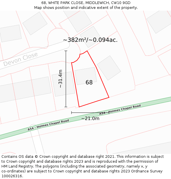 68, WHITE PARK CLOSE, MIDDLEWICH, CW10 9GD: Plot and title map