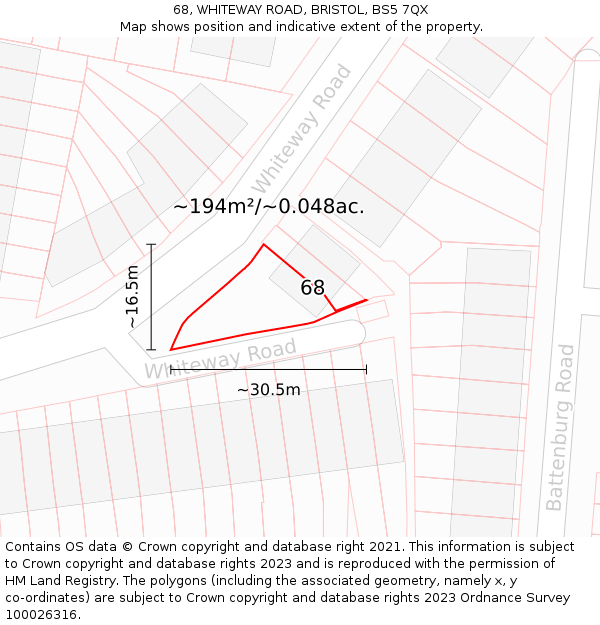 68, WHITEWAY ROAD, BRISTOL, BS5 7QX: Plot and title map