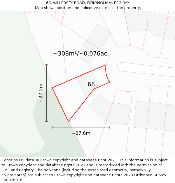 68, WILLERSEY ROAD, BIRMINGHAM, B13 0AY: Plot and title map