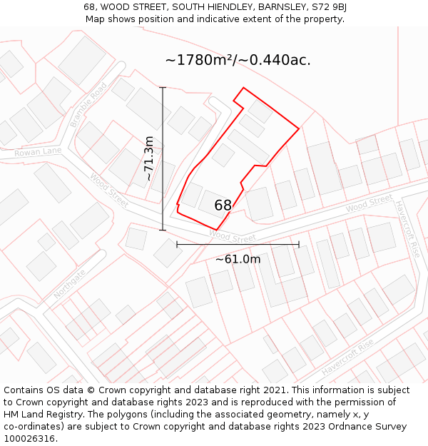 68, WOOD STREET, SOUTH HIENDLEY, BARNSLEY, S72 9BJ: Plot and title map