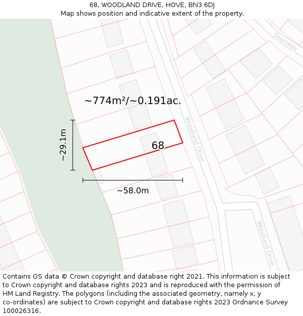 68, WOODLAND DRIVE, HOVE, BN3 6DJ: Plot and title map