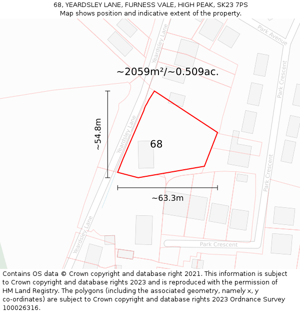 68, YEARDSLEY LANE, FURNESS VALE, HIGH PEAK, SK23 7PS: Plot and title map