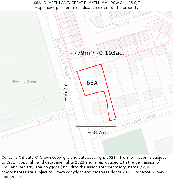 68A, CHAPEL LANE, GREAT BLAKENHAM, IPSWICH, IP6 0JZ: Plot and title map