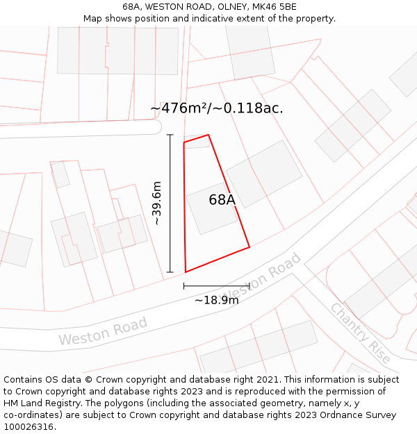 68A, WESTON ROAD, OLNEY, MK46 5BE: Plot and title map