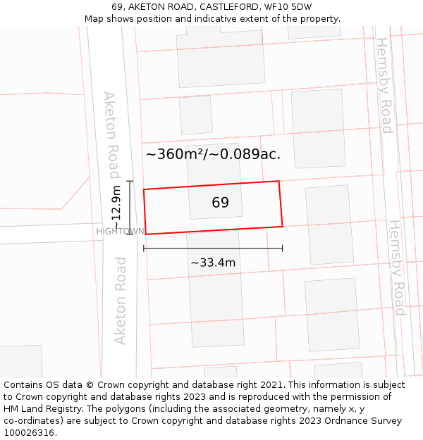 69, AKETON ROAD, CASTLEFORD, WF10 5DW: Plot and title map