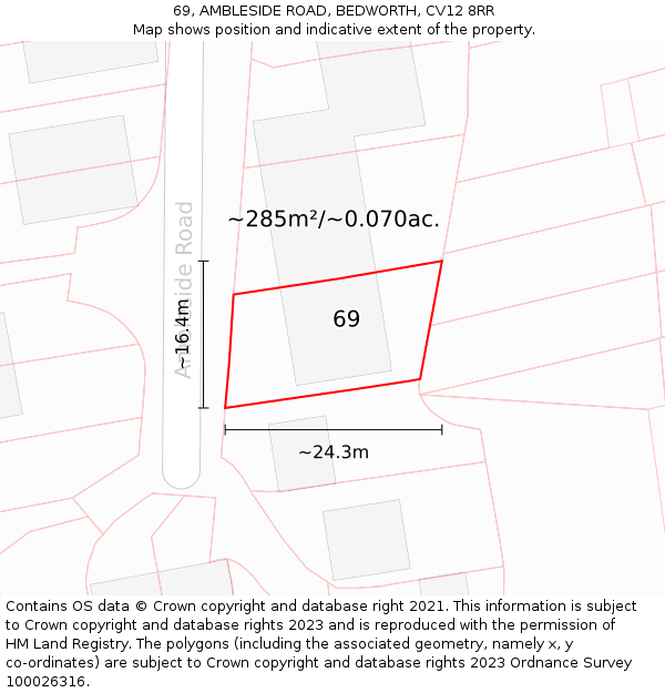 69, AMBLESIDE ROAD, BEDWORTH, CV12 8RR: Plot and title map