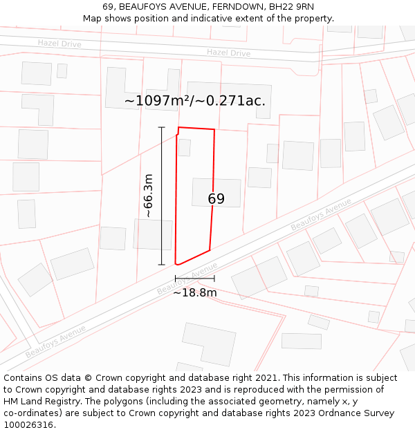 69, BEAUFOYS AVENUE, FERNDOWN, BH22 9RN: Plot and title map