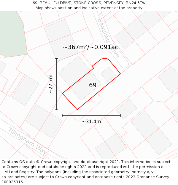 69, BEAULIEU DRIVE, STONE CROSS, PEVENSEY, BN24 5EW: Plot and title map