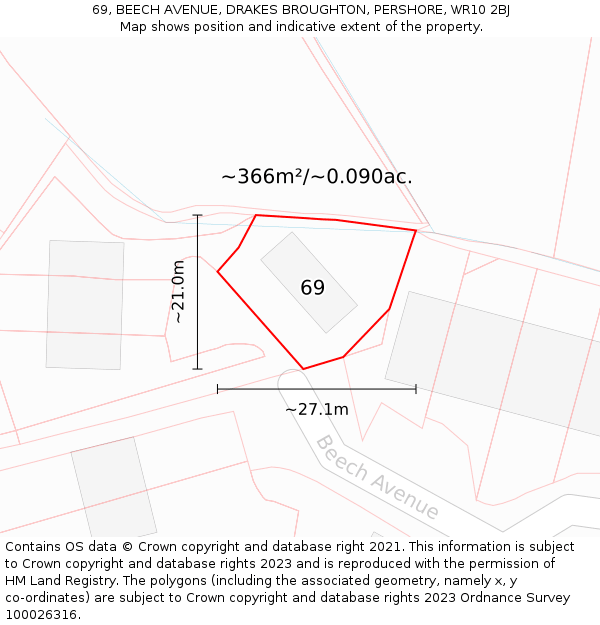 69, BEECH AVENUE, DRAKES BROUGHTON, PERSHORE, WR10 2BJ: Plot and title map