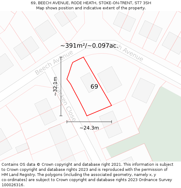 69, BEECH AVENUE, RODE HEATH, STOKE-ON-TRENT, ST7 3SH: Plot and title map