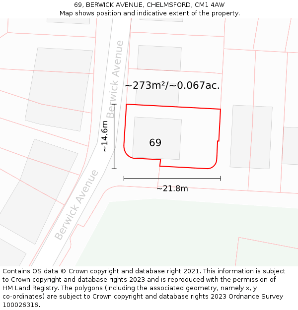 69, BERWICK AVENUE, CHELMSFORD, CM1 4AW: Plot and title map