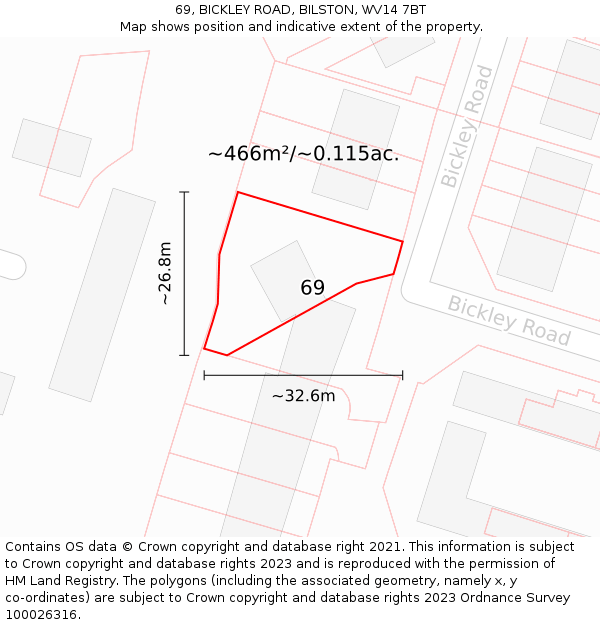 69, BICKLEY ROAD, BILSTON, WV14 7BT: Plot and title map