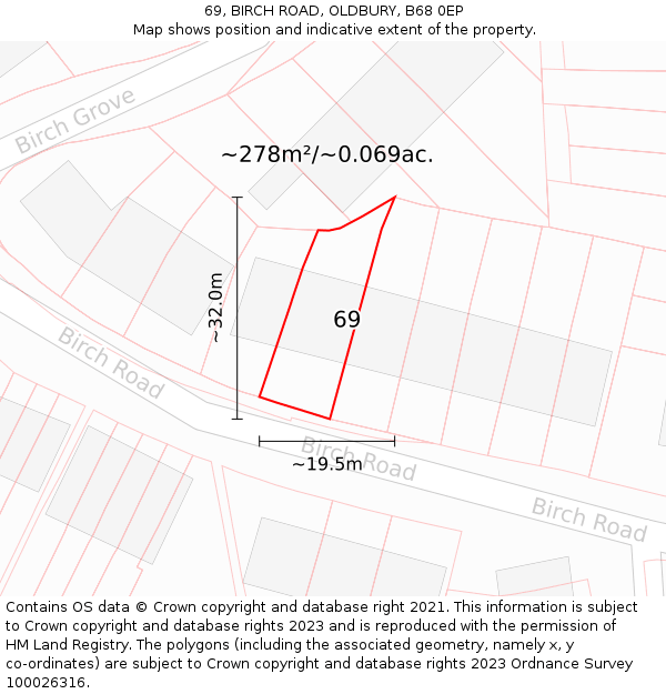 69, BIRCH ROAD, OLDBURY, B68 0EP: Plot and title map