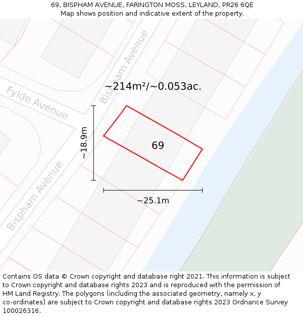 69, BISPHAM AVENUE, FARINGTON MOSS, LEYLAND, PR26 6QE: Plot and title map