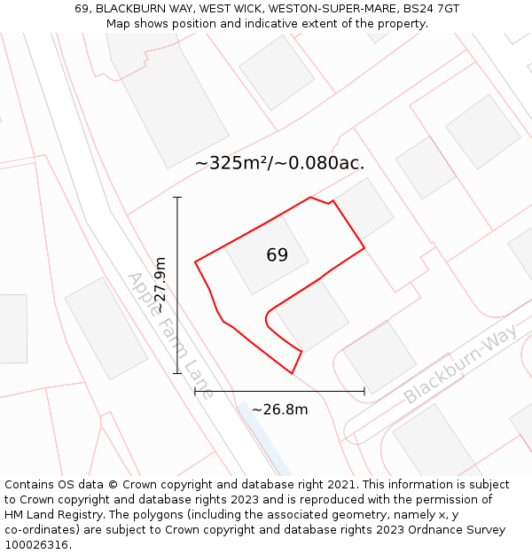 69, BLACKBURN WAY, WEST WICK, WESTON-SUPER-MARE, BS24 7GT: Plot and title map