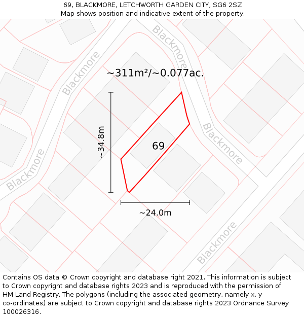 69, BLACKMORE, LETCHWORTH GARDEN CITY, SG6 2SZ: Plot and title map