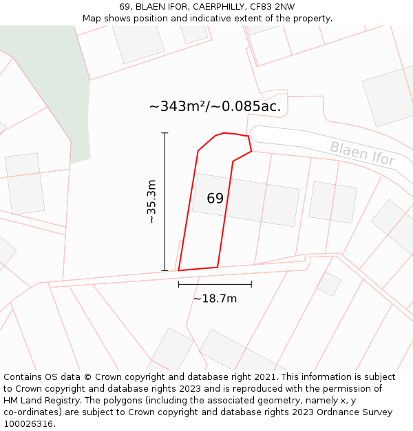 69, BLAEN IFOR, CAERPHILLY, CF83 2NW: Plot and title map