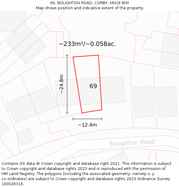 69, BOUGHTON ROAD, CORBY, NN18 8NY: Plot and title map