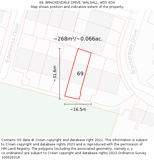 69, BRACKENDALE DRIVE, WALSALL, WS5 4DA: Plot and title map