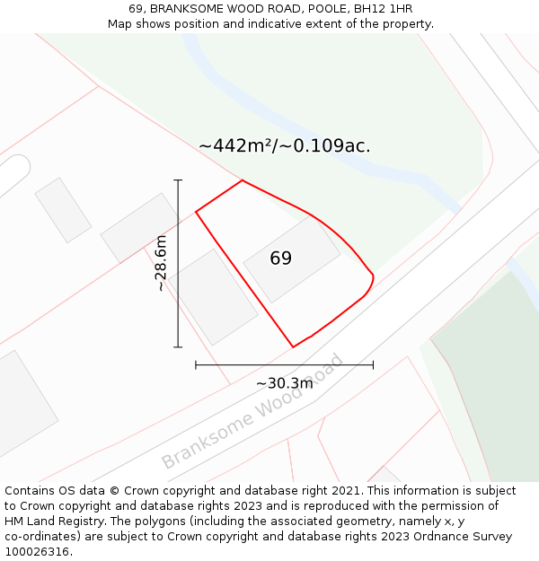 69, BRANKSOME WOOD ROAD, POOLE, BH12 1HR: Plot and title map
