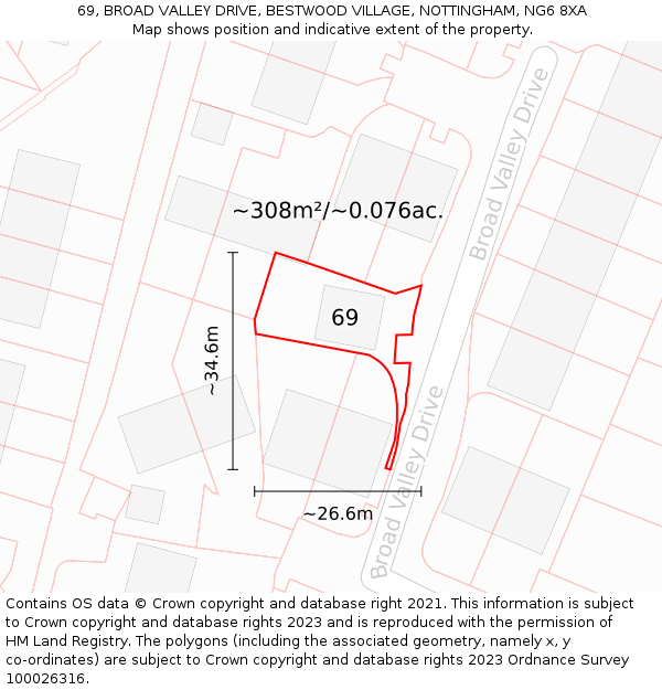 69, BROAD VALLEY DRIVE, BESTWOOD VILLAGE, NOTTINGHAM, NG6 8XA: Plot and title map