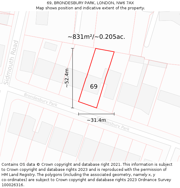 69, BRONDESBURY PARK, LONDON, NW6 7AX: Plot and title map