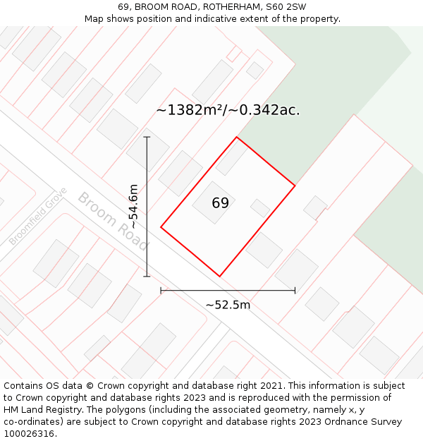 69, BROOM ROAD, ROTHERHAM, S60 2SW: Plot and title map