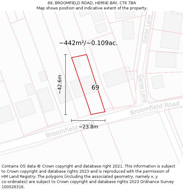 69, BROOMFIELD ROAD, HERNE BAY, CT6 7BA: Plot and title map