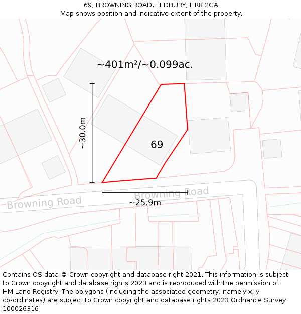 69, BROWNING ROAD, LEDBURY, HR8 2GA: Plot and title map