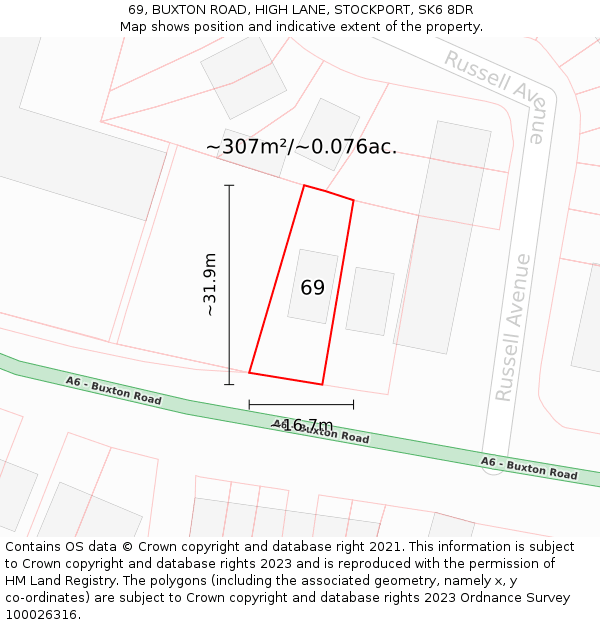 69, BUXTON ROAD, HIGH LANE, STOCKPORT, SK6 8DR: Plot and title map