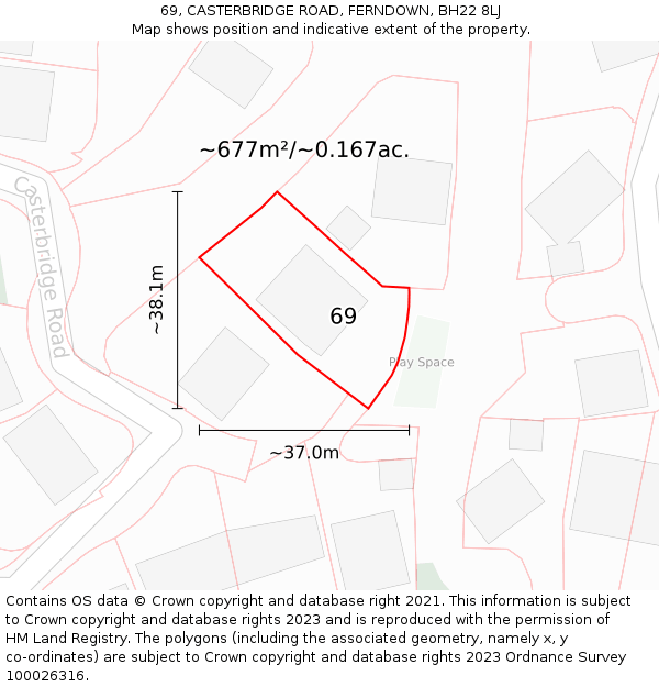 69, CASTERBRIDGE ROAD, FERNDOWN, BH22 8LJ: Plot and title map